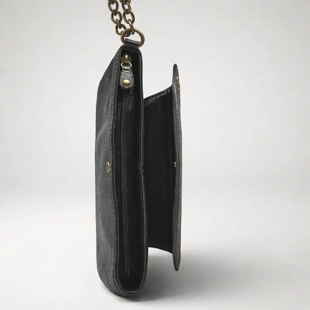 Fossil Wristlet‎ Clutch Womens Small Black Excellent Leather Chain Studded Y2K